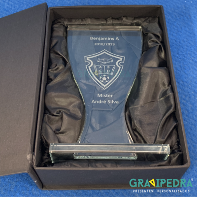 Troféu de vidro gravado personalizado em caixa preta