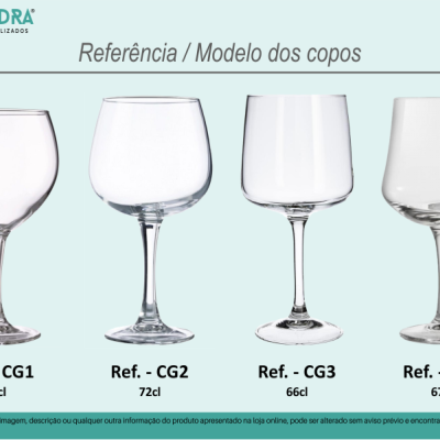 Quatro copos de vidro transparentes com diferentes formatos e volumes, identificados por referência e capacidade