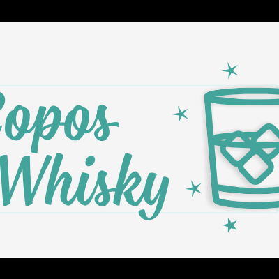 Texto 'Copos Whisky' com desenho de copo com cubos de gelo e estrelas verdes