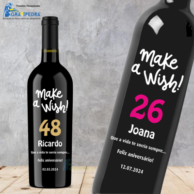 DuAS GARRAFAS DE VINHO PRETAS PERSONALIZADAS COM NOMES, NÚMEROS E DATAS