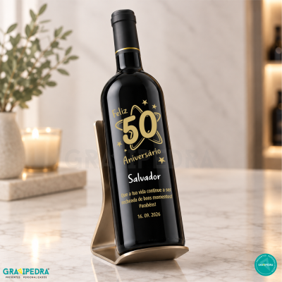 Garrafa de vinho tinto com rótulo dourado e branco comemorativo de 50 anos