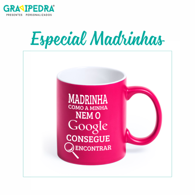 Copo cerâmico rosa com texto para madrinha.