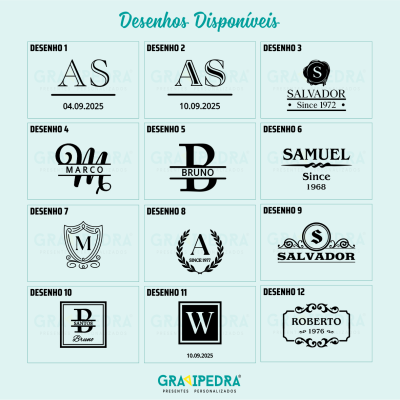 Doze designs personalizados com iniciais, nomes e datas para presentes, variados estilos tipográficos e gráficos