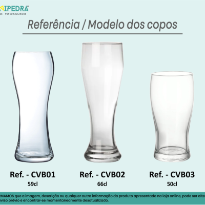 Três copos de vidro transparentes de diferentes formatos e capacidades com referências e volumes indicados