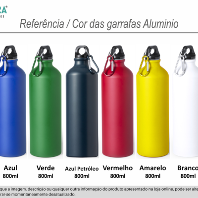 Garrafa de alumínio colorida com tampa e mosquetão em várias cores