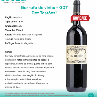 Garrafa de vinho tinto Dez Tostões com selo Novidade e informações