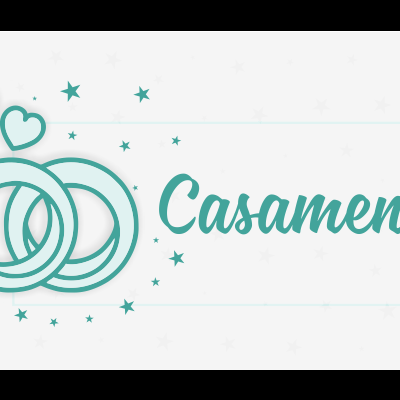 Texto 'Casamento' com anéis de casamento entrelaçados e elementos decorativos em verde-água