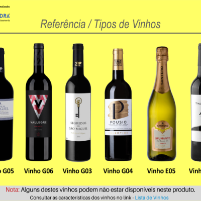 Seis garrafas de vinho alinhadas com rótulos e texto informativo em fundo amarelo