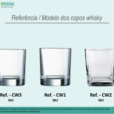 Três copos de whisky transparentes com referências de modelo e volumes