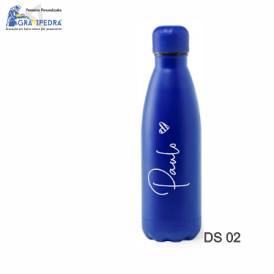 Garrafa metálica azul personalizada com nome Paulo em texto branco
