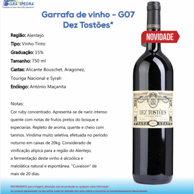 Garrafa de vinho tinto G07 Dez Tostões com rótulo clássico e selo vermelho NOVIDADE