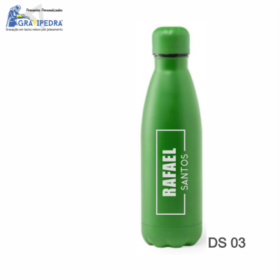Garrafa térmica verde com texto personalizado RAFAEL SANTOS