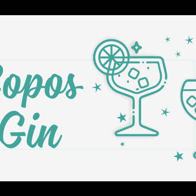 Imagem com texto 'Copos Gin' e ilustrações de copos de gin com gelo e limão