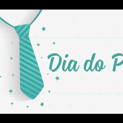 Gravata azul com padrão de riscas e texto 'Dia do Pai' em fundo branco com estrelas