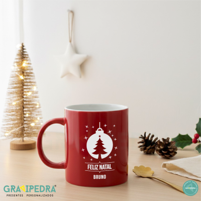 Caneca vermelha de Natal com desenho branco e nome personalizado BRUNO