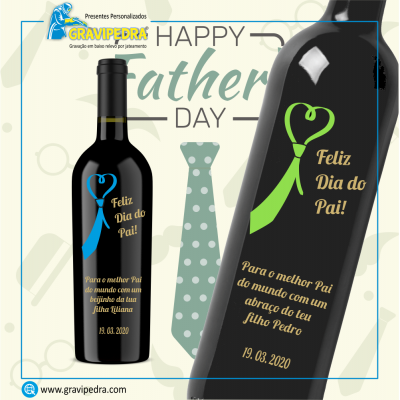 Garrafa de vinho preta personalizada para o Dia do Pai com texto em dourado e verde