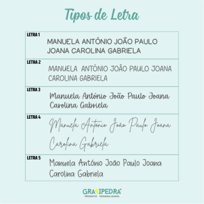 Exemplos de cinco tipos de letra para personalização com texto de nomes e logótipo da marca