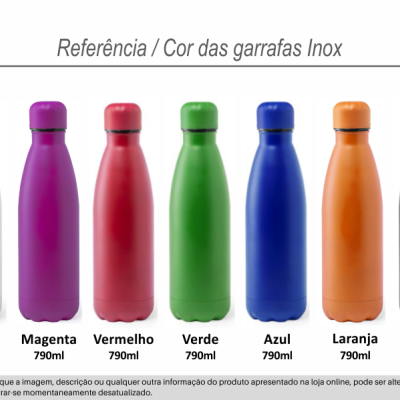 Sete garrafas inox coloridas com tampa, 790ml cada, em várias cores alinhadas em fundo branco.