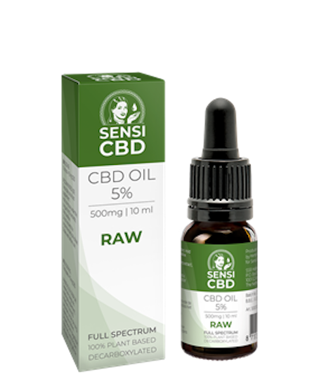 Sensi Seeds Óleo de CBD 5% Frasco e caixa de óleo CBD Sensi CBD 5% RAW 500mg 10ml