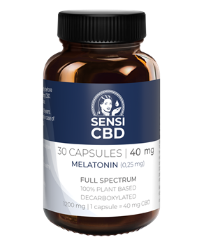 SENSI SEEDS - Cápsulas com CBD e Melatonina Frasco de cápsulas SENSI CBD com rótulo azul e branco
