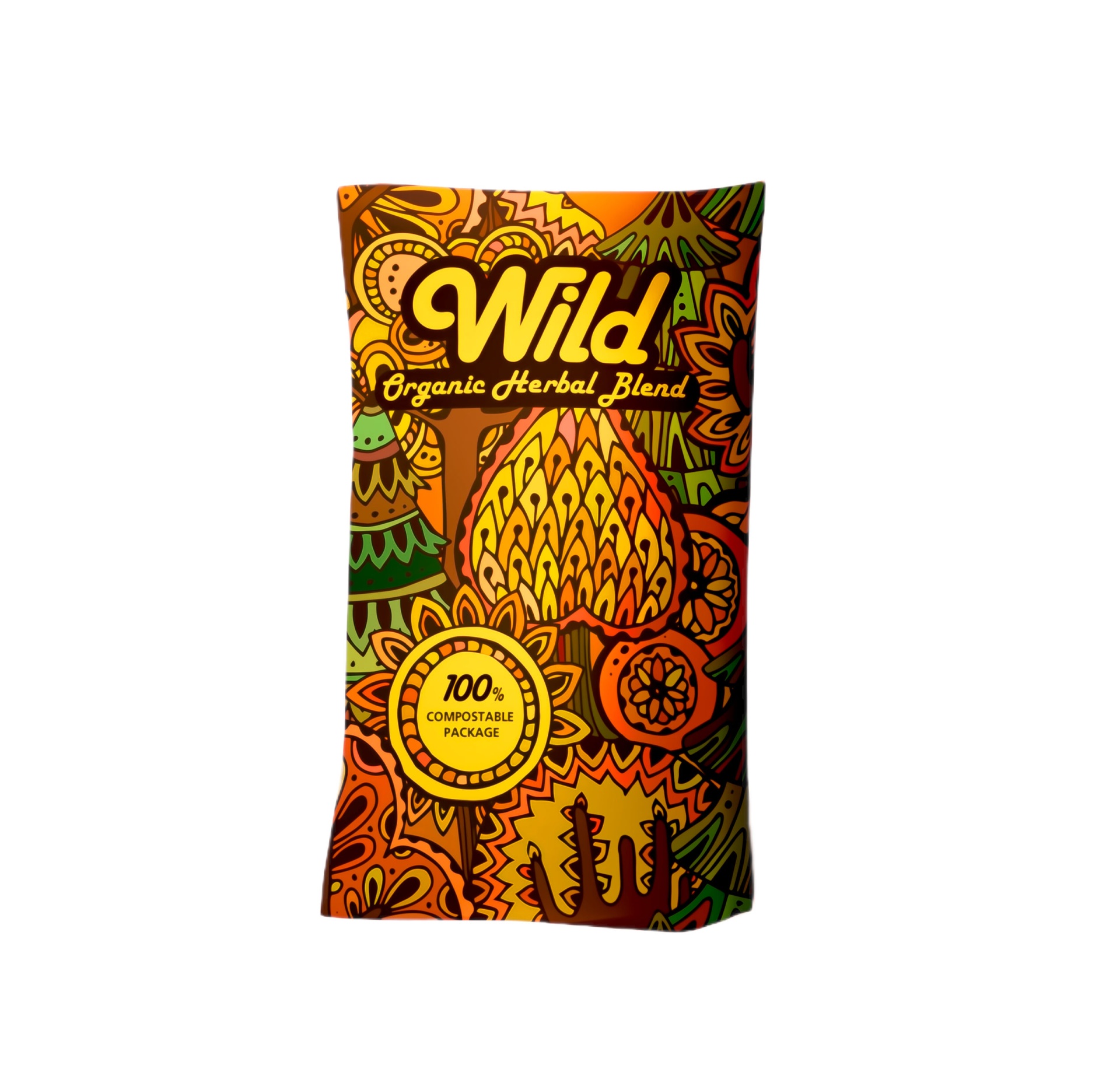 Wild Organic Herbal Blend Pacote colorido com design floral e texto Wild Organic Herbal Blend