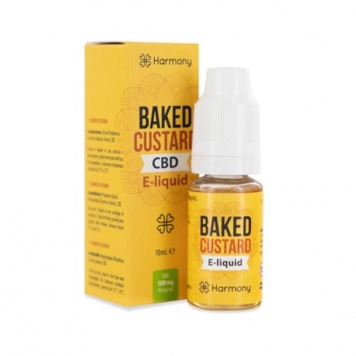 Frasco e caixa amarelos de e-líquido CBD Baked Custard Harmony