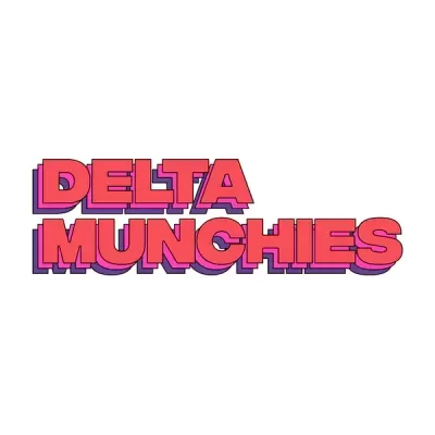 Logótipo com texto 'DELTA MUNCHIES' em letras cor de rosa com sombra roxa