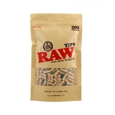 Embalagem de pontas de cigarro RAW em papel kraft castanho com texto vermelho e janela transparente