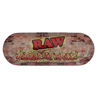 Tabuleiro metálico com design de parede de tijolos e texto graffiti RAW