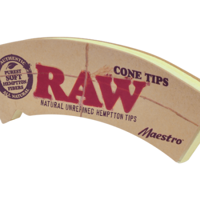 Papel de pontas para cones RAW em tom bege com texto impresso.