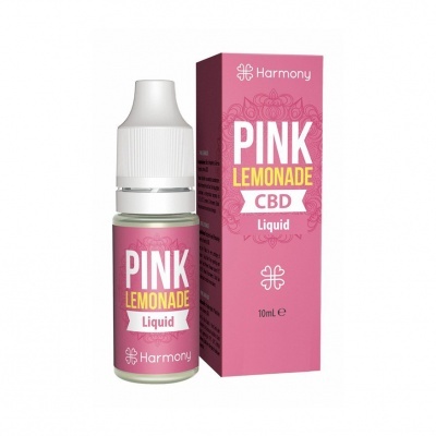 Frasco e caixa rosa de líquido para vaporizador com texto PINK LEMONADE CBD Liquid