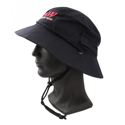 Chapéu de tecido preto tipo pescador com cordão ajustável e bordado vermelho e branco 'ARMY'