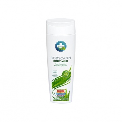 Frasco branco de leite corporal Bodycann com rótulo verde e azul