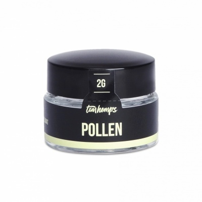 Frasco pequeno de vidro com tampa preta e rótulo preto com texto branco POLLEN.