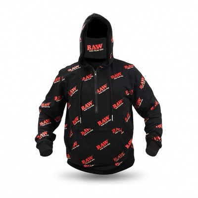 Casaco com capuz preto com logotipos vermelhos RAW repetidos