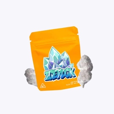 Pacote laranja com cristais azuis e texto ICE ROCK junto a cristais cinzentos