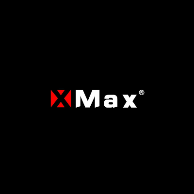 Logotipo Max com fundo preto e quadrado vermelho com X preto