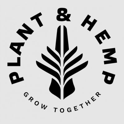 Logo preto com texto Plant & Hemp e Grow Together sobre fundo cinzento