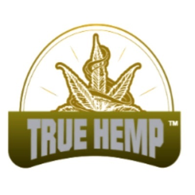 Logótipo com folha de cânhamo e texto TRUE HEMP