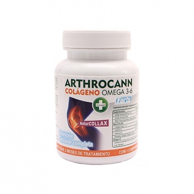 Frasco de suplemento ARTHROCANN Colágeno Omega 3-6 branco com rótulo colorido