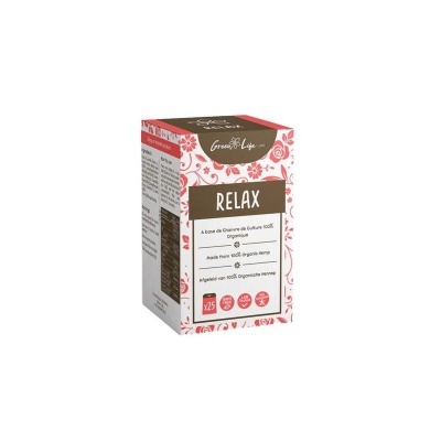 Embalagem do produto RELAX da Green Life em branco, vermelho e castanho