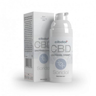 Frasco de creme para psoríase CBD da marca Cibdol com embalagem