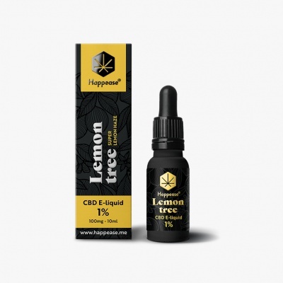 Frasco preto e embalagem amarela e preta de e-líquido CBD com texto Lemon tree e Happease