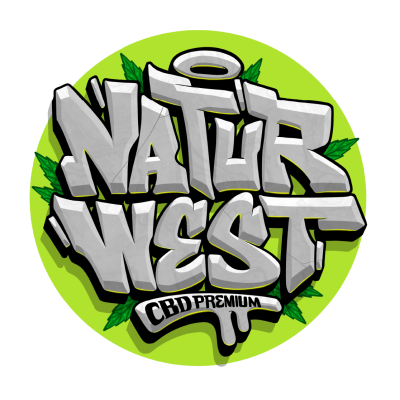 Logo circular NATUR WEST em estilo graffiti cinzento 3D com fundo verde e folhas verdes.