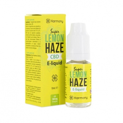 Frasco e caixa amarelos do líquido Super Lemon Haze CBD da Harmony
