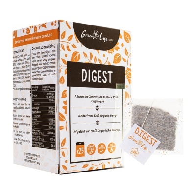 Caixa branca e laranja de chá Digest Green Life com saqueta visível