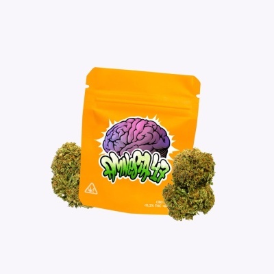 Pacote laranja com desenho de cérebro e texto e três cachos de erva
