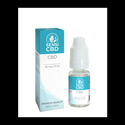frasco de CBD SENSI CBD com embalagem azul e branca