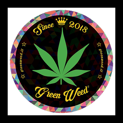 Etiqueta circular preta com folha verde de cannabis e texto amarelo dourado