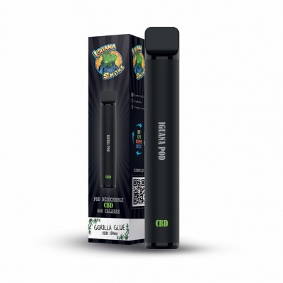 Dispositivo de fumo preto e embalagem com logotipo Banana Smoke e informações de CBD.
